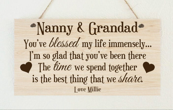 Personalised Nanny and Grandad Blessed Time Metal WoodGrain Effect Hanging Plaque Birthday Christmas