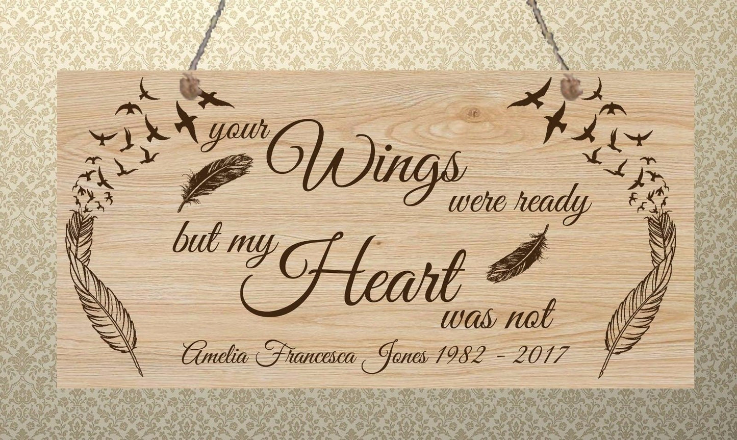 Personalised Heaven Metal Wood Grain Effect Hanging Plaque Bereavement In Memory Your Wings were Ready