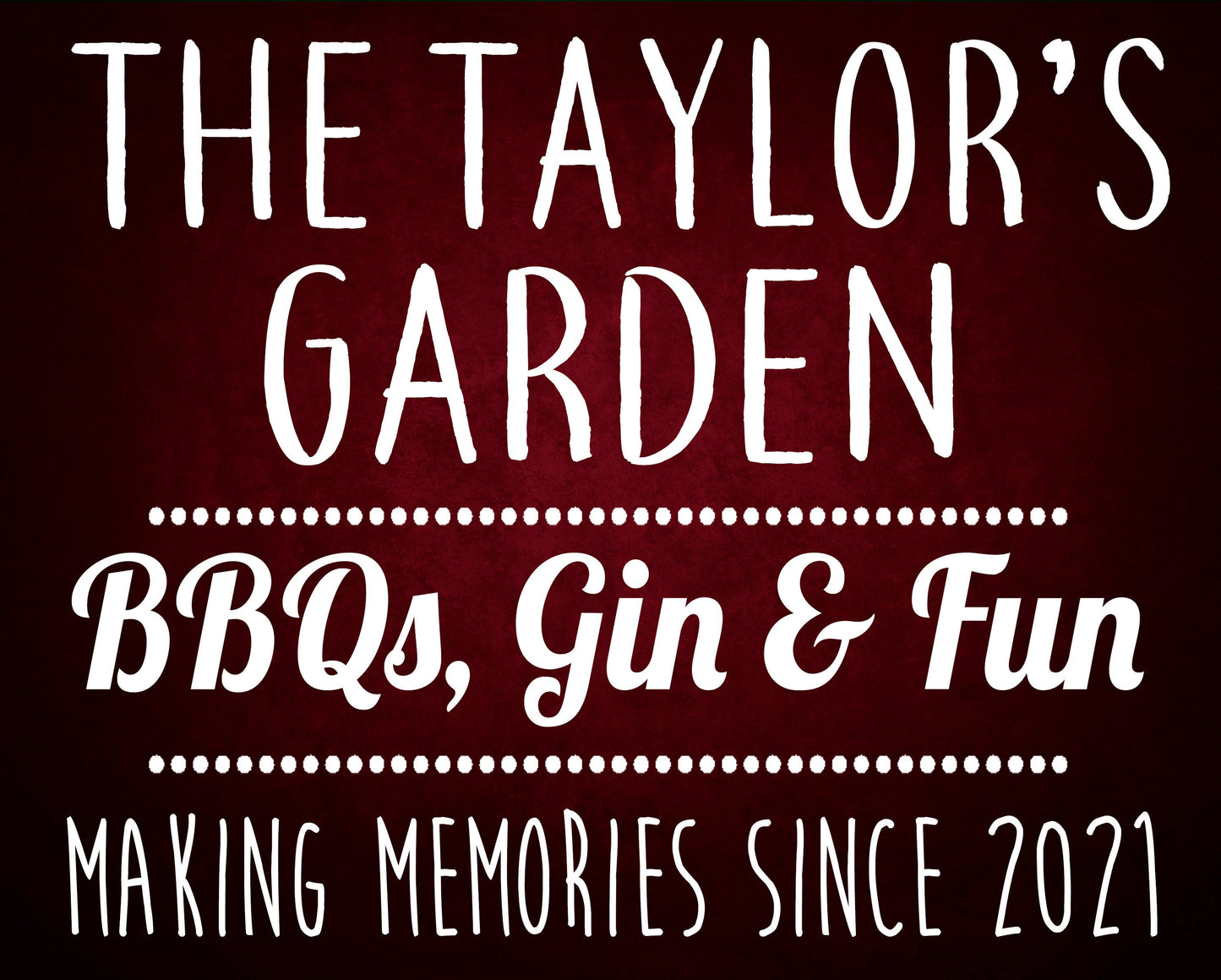 PERSONALISED Family Garden Metal Wall Sign Gift Present BBQ Gin Party Choice of 4 Colours