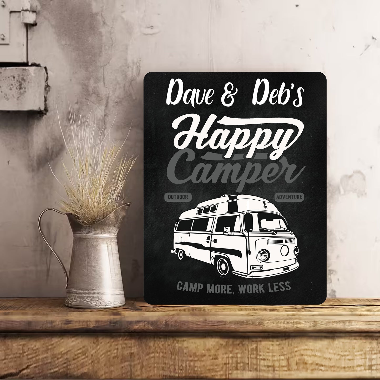 PERSONALISED Retro Vintage Happy Camper Van Metal Wall Sign Gift Present Chalkboard Style