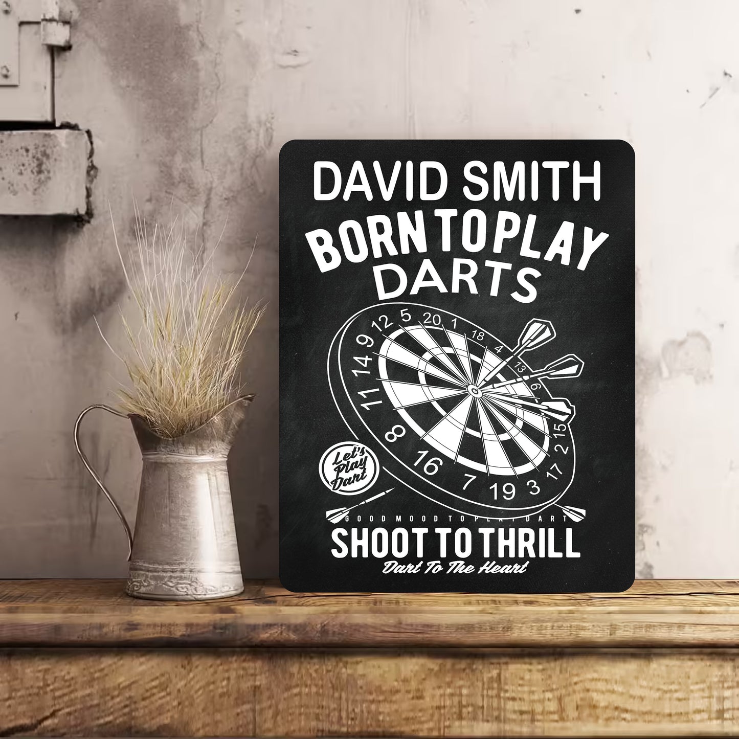 PERSONALISED Retro Vintage Born to Play Darts Dad Grandad Metal Wall Sign Gift Present Chalkboard Style
