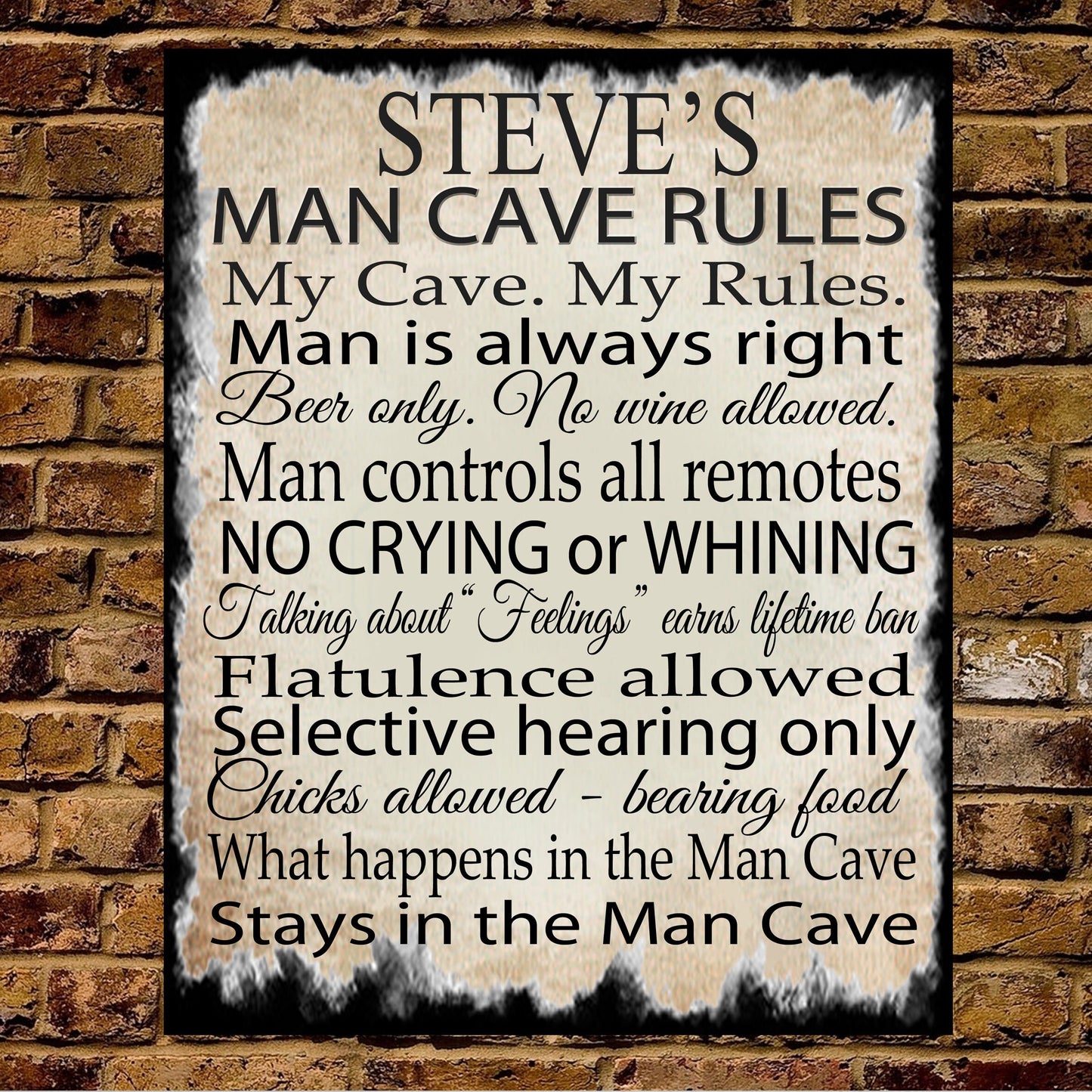 PERSONALISED Man Cave Rules Metal Wall Sign Gift Present Dad Uncle Brother Grandad Grandpa Boyfriend Husband