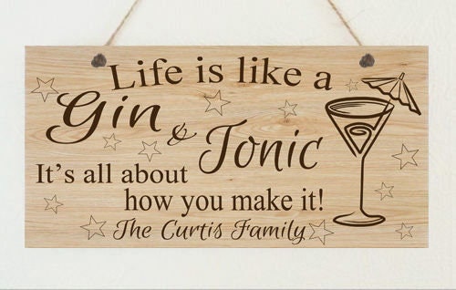 Personalised Gin & Tonic WoodGrain Effect Metal Hanging Plaque Funny Alcohol