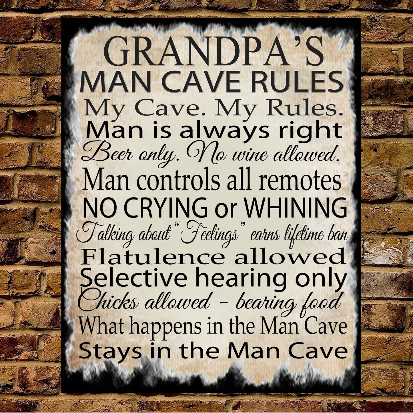 PERSONALISED Man Cave Rules Metal Wall Sign Gift Present Dad Uncle Brother Grandad Grandpa Boyfriend Husband