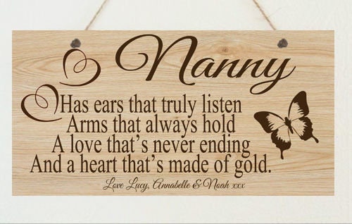 Personalised Nanny Ears Metal Wood Grain Effect Hanging Plaque Mother's Day Christmas Grandma Nanny Nanna Nana Nan Granny Gran