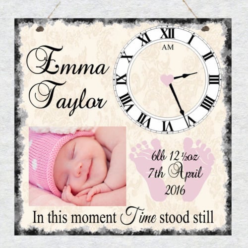 Baby Time Stood Still Photo Birth Record Hanging Metal Wall Plaque Gift Present Birthday New Parents New Baby
