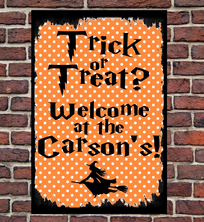 Personalised Halloween Metal Sign Trick Or Treat Welcome Any Family Name Household Outdoor Plaque October Witches Spooky Distressed Gift