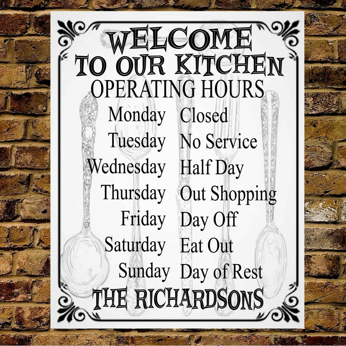 PERSONALISED Family Kitchen Funny Opening Hours Metal Wall Sign Gift Present Home