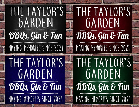 PERSONALISED Family Garden Metal Wall Sign Gift Present BBQ Gin Party Choice of 4 Colours