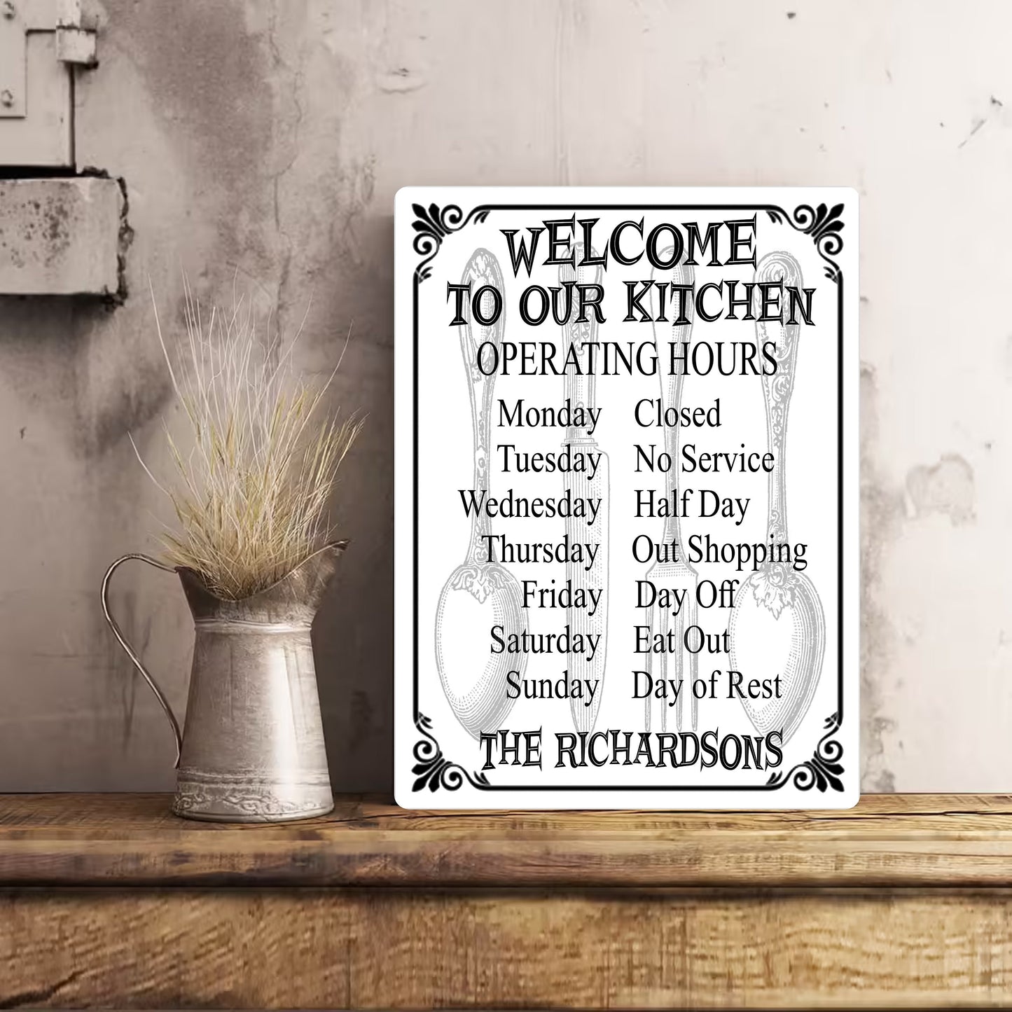 PERSONALISED Family Kitchen Funny Opening Hours Metal Wall Sign Gift Present Home