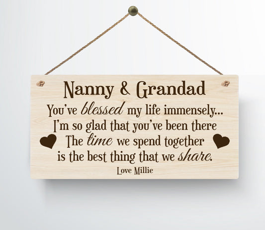 Personalised Nanny and Grandad Blessed Time Metal WoodGrain Effect Hanging Plaque Birthday Christmas