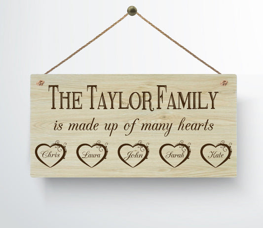 Personalised Family Hearts Metal WoodGrain Effect Hanging Plaque Mum and Dad Grandparents Family Tree