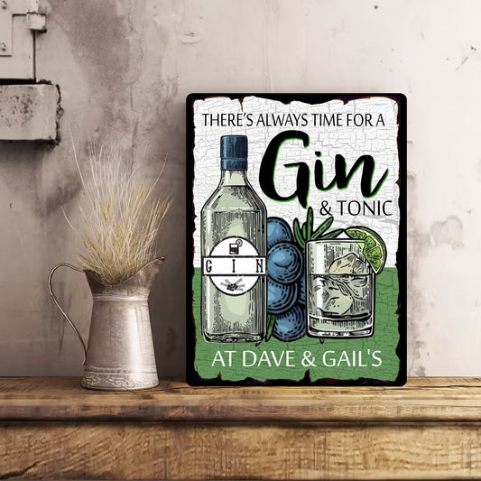 PERSONALISED Retro Vintage Always Time for Gin & Tonic Metal Wall Sign Gift Present 50s Diner