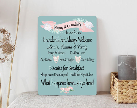 Personalised Nanny & Grandad's Metal House Rules Present Gift Mother's Day Thank You Christmas Birthday Grandma Grandad Grandparents Granny