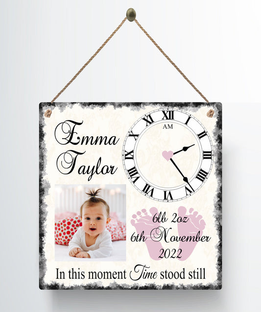 Baby Time Stood Still Photo Birth Record Hanging Metal Wall Plaque Gift Present Birthday New Parents New Baby