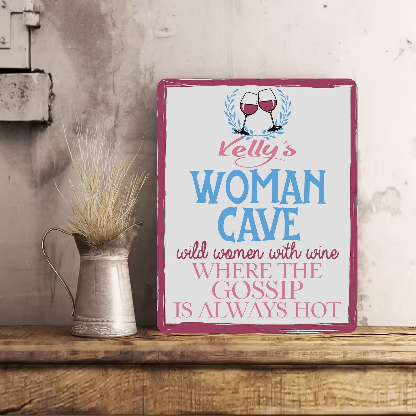 Personalised Metal Vintage WOMAN CAVE Sign Bar Gift Mum Friend Nanny Present