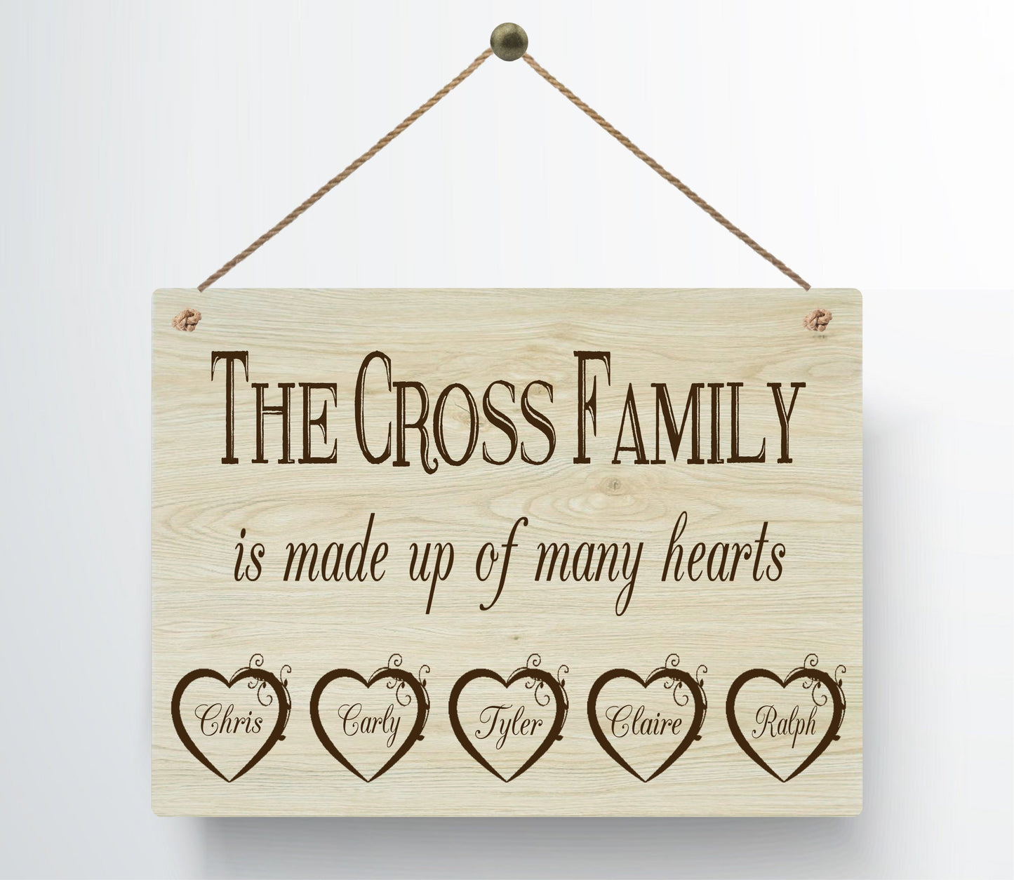 Personalised Family Hearts Metal WoodGrain Effect Hanging Plaque Mum and Dad Grandparents Family Tree