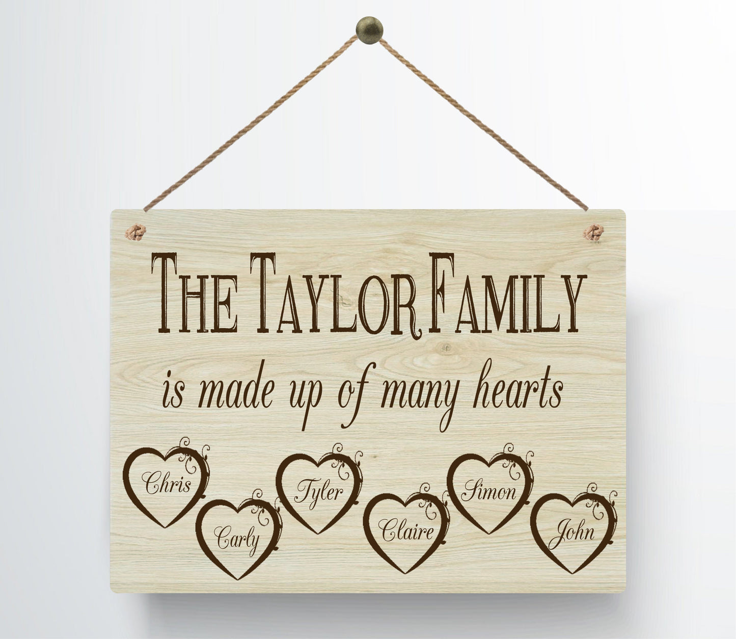 Personalised Family Hearts Metal WoodGrain Effect Hanging Plaque Mum and Dad Grandparents Family Tree