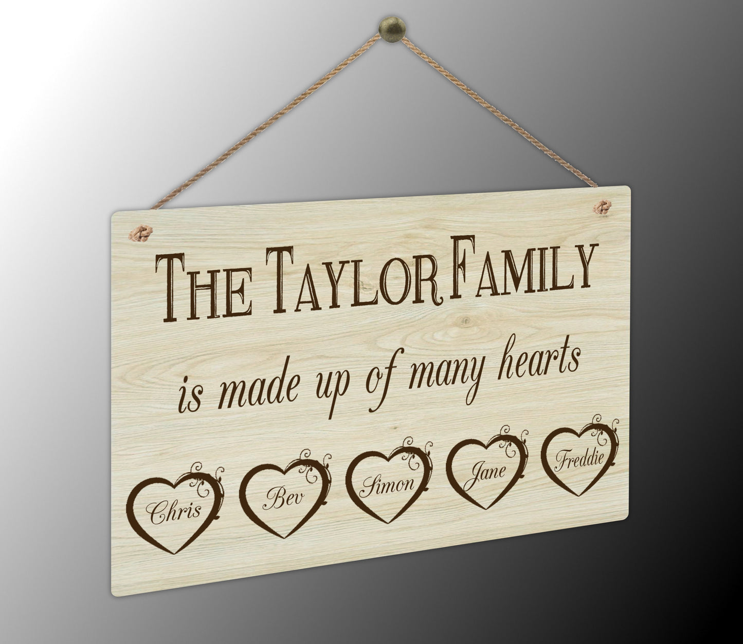 Personalised Family Hearts Metal WoodGrain Effect Hanging Plaque Mum and Dad Grandparents Family Tree