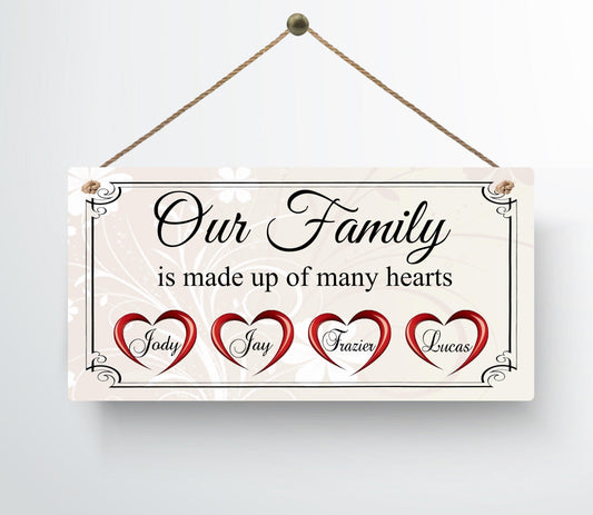 Handmade Personalised Metal Plaque Our Family Hearts Gift Sign Present Mother's Day