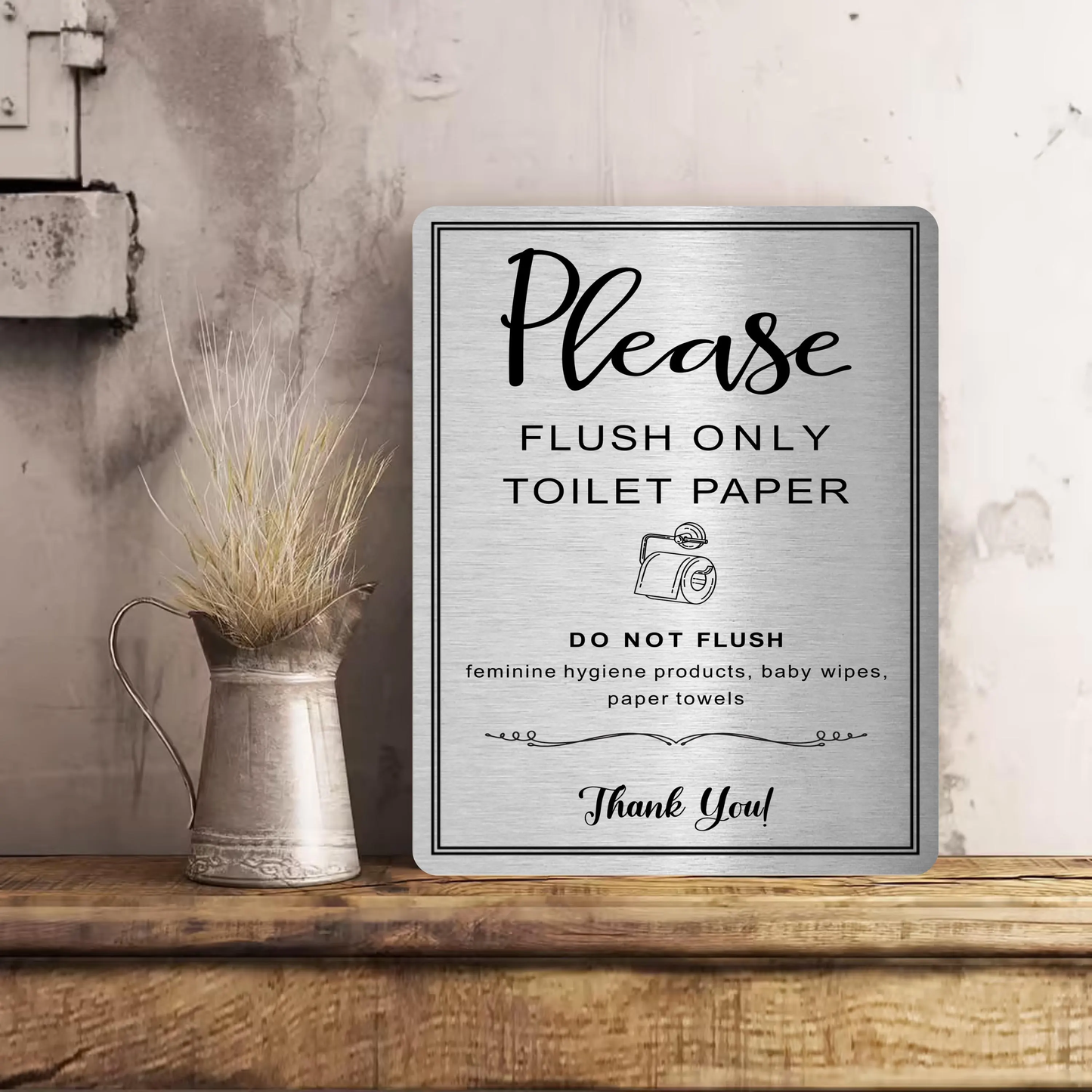 Metal Toilet Sign Bathroom Wall/Door Plaque Gift Please Only Flush Toilet Paper Gold/Silver Metallic Background